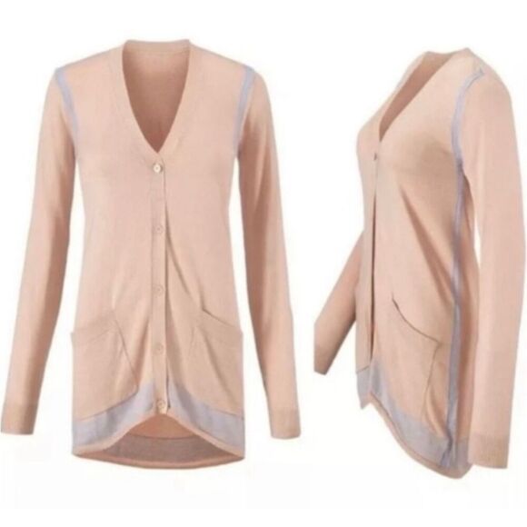 CAbi Lucy Pink Blue Trim 2 Pocket Cardigan Sweater Large #5288 - Picture 2 of 6